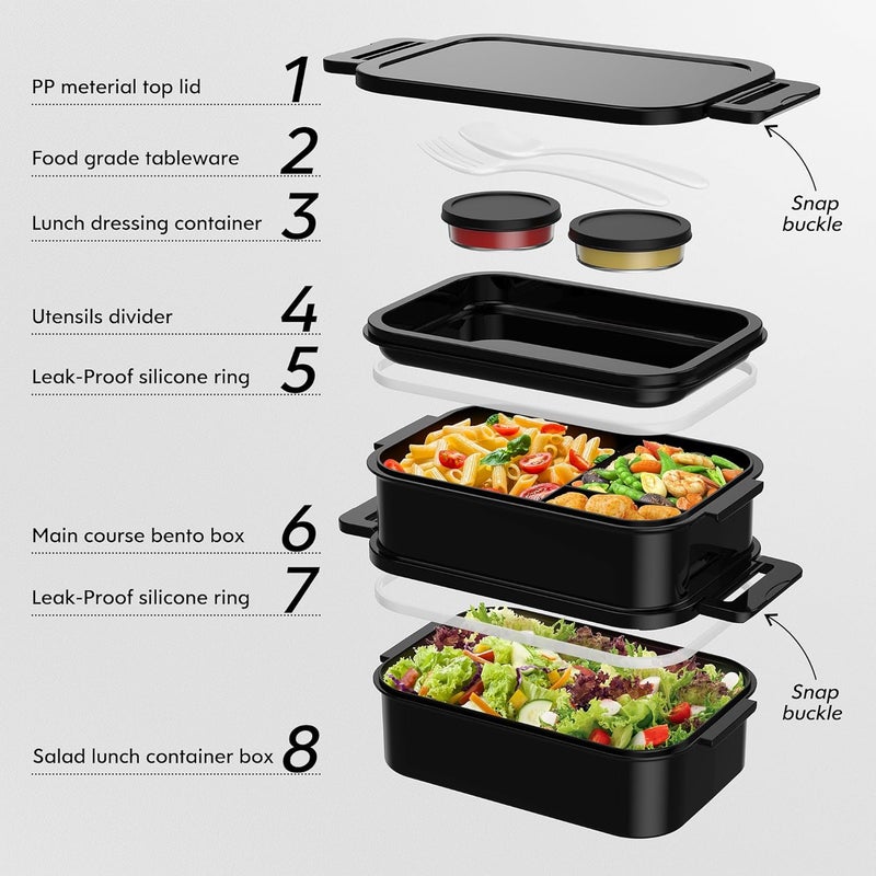 Jelife Adult Bento Box Lunch Box - Large Style Stackable Bento Lunch Box for Adults, 72oz All-in-One 3 Layers Bento Boxes Leak-Proof Lunchbox with Utensil Sauce Containers for Dining Out,Work, Black - Image 3